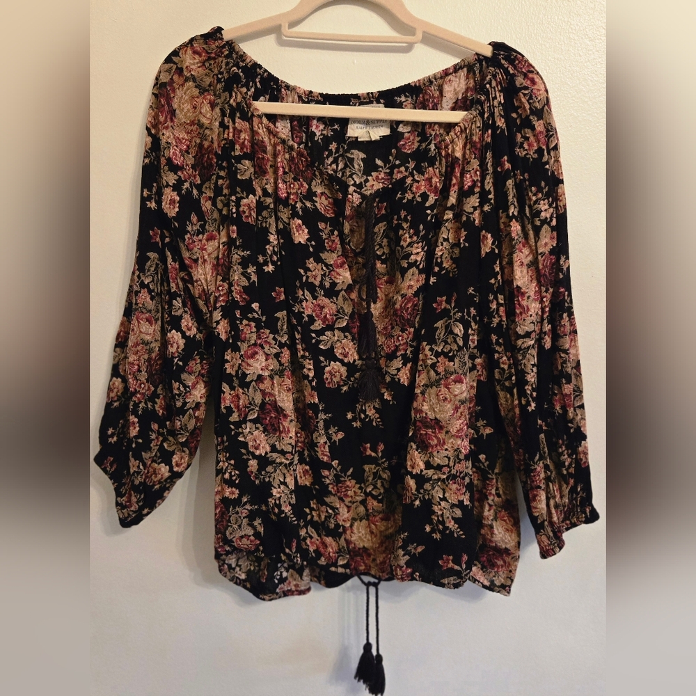 Denim & Supply Ralph Lauren Boho Black Floral Peasant Top XL